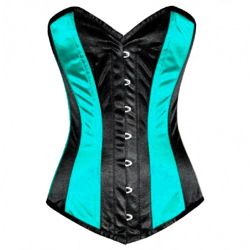 Plus Size Baby Blue And Black Satin LONGLINE Overbust Corset Burlesque Bustier