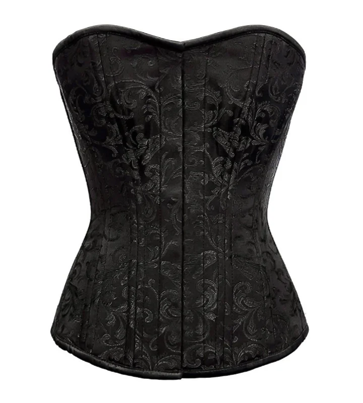 Plus Size Black Brocade Spiral Steel Boned Overbust Corset Front Closed Waist Training Bustier Top