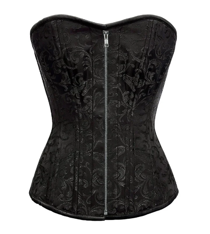 Plus Size Black Brocade Spiral Steel Boned Overbust Corset Silver Zip Front Opening Waist Training Bustier Top