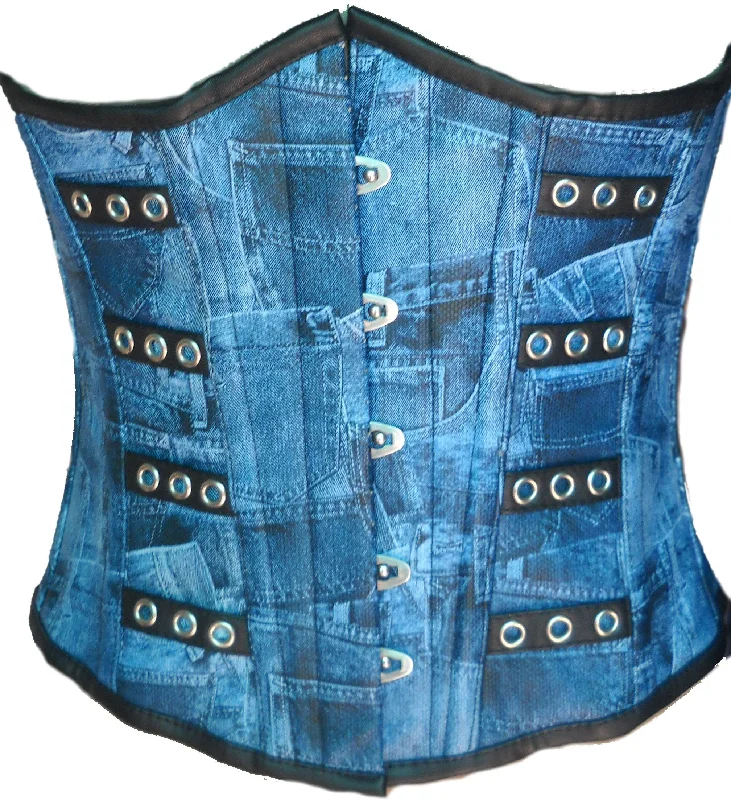 Plus Size Blue Denim Print Faux Leather Underbust Corset