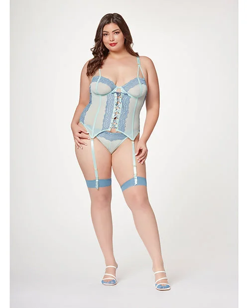 Lace & Mesh Bustier W/lace Up Center, Garter Belt & Thong Blue