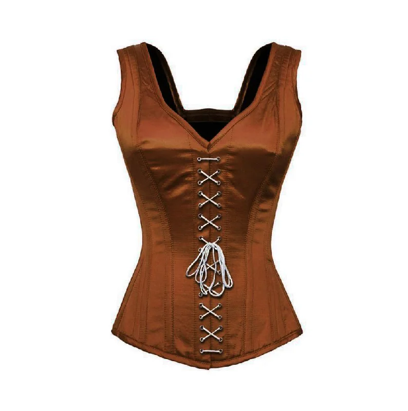 Plus Size Brown Satin Shoulder Straps Overbust Corset Burlesque Costume Waist Training Bustier