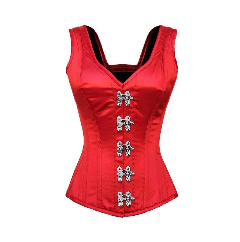 Plus Size Red Satin Shoulder Straps Overbust Corset Burlesque Costume Waist Training Bustier