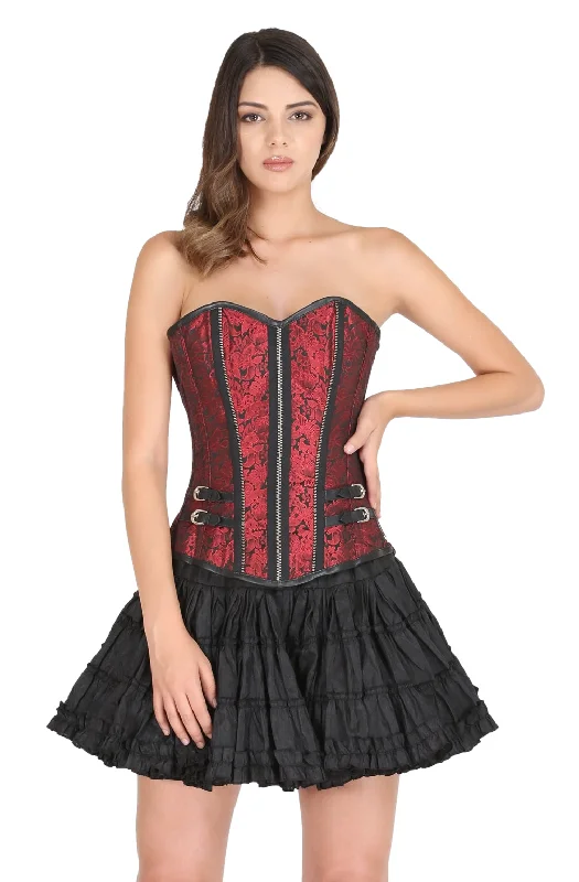 Red Black Brocade Zipper Stripes Design Overbust Plus Size Corset Waist Training Steampunk Costume