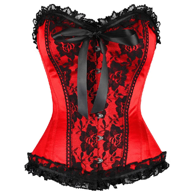 Red Satin Black Frill And Net Goth Overbust Plus Size Corset Waist Trainer Burlesque Bustier