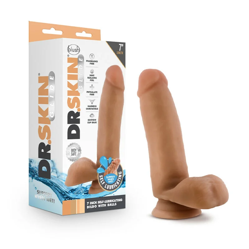 Dr. Skin Glide Realistic 7 in. Self-Lubricating Dildo with Balls Tan