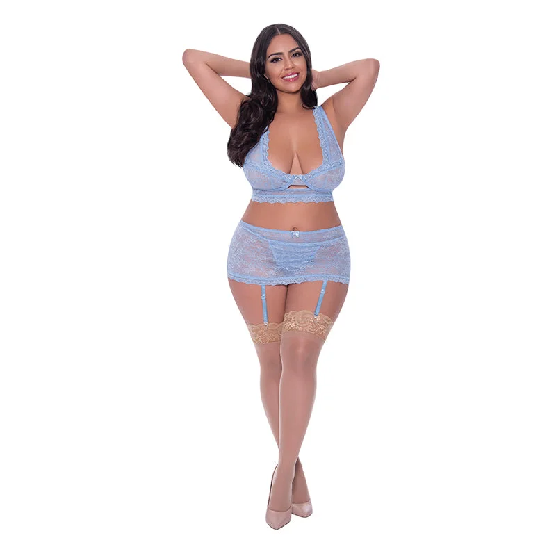 Magic Silk Ooh La Lace Bralette, Garter Skirt & G-String Set Periwinkle Queen Size