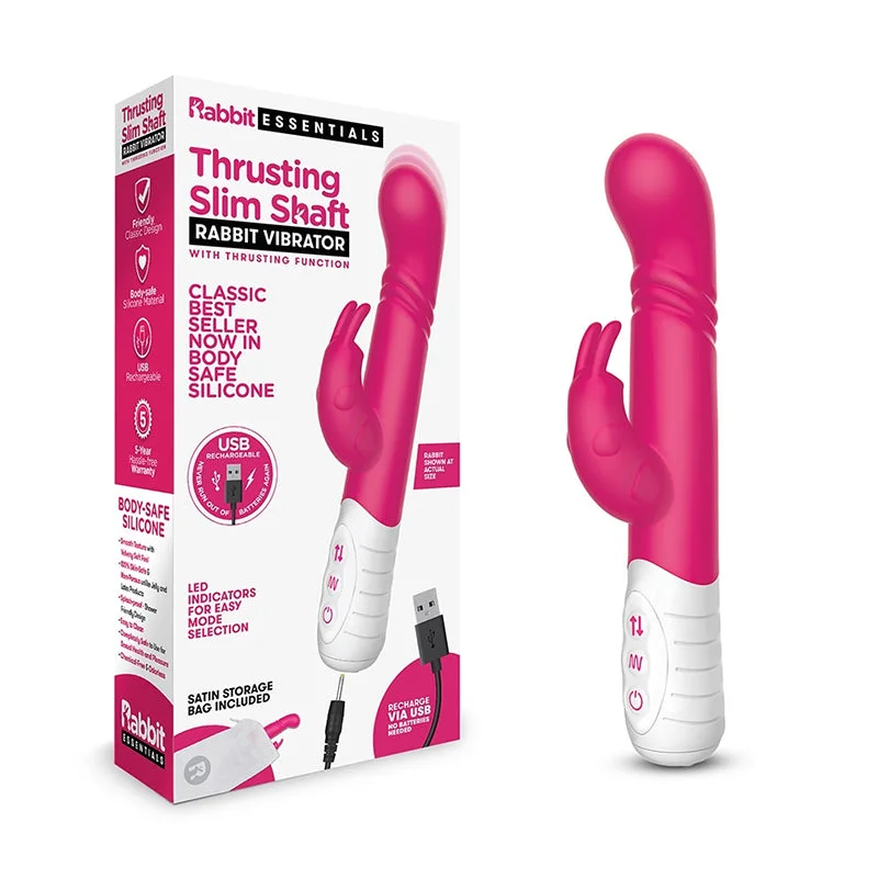 Rabbit Essentials Thrusting Slim Shaft Rabbit Vibrator Rechargeable Silicone Hot Pink