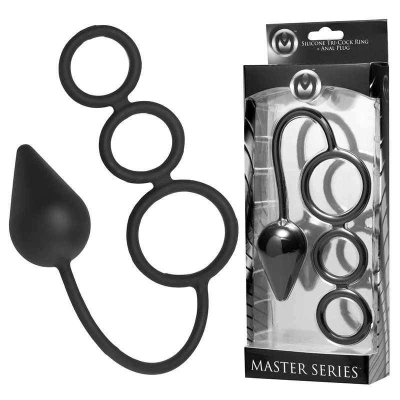 Master Series Silicone Tri-Cock Ring & Anal Plug - Black Cock & Balls Rings with Anal Plug