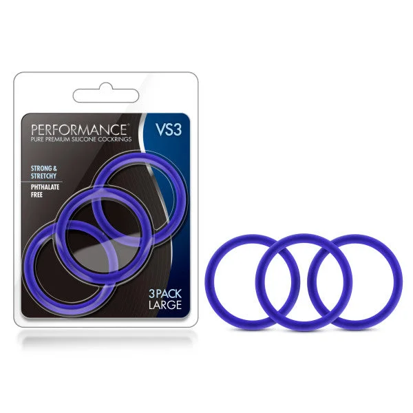 Performance VS3 Pure Premium Silicone Cockrings - Indigo Blue Large Cock Rings - Set of 3